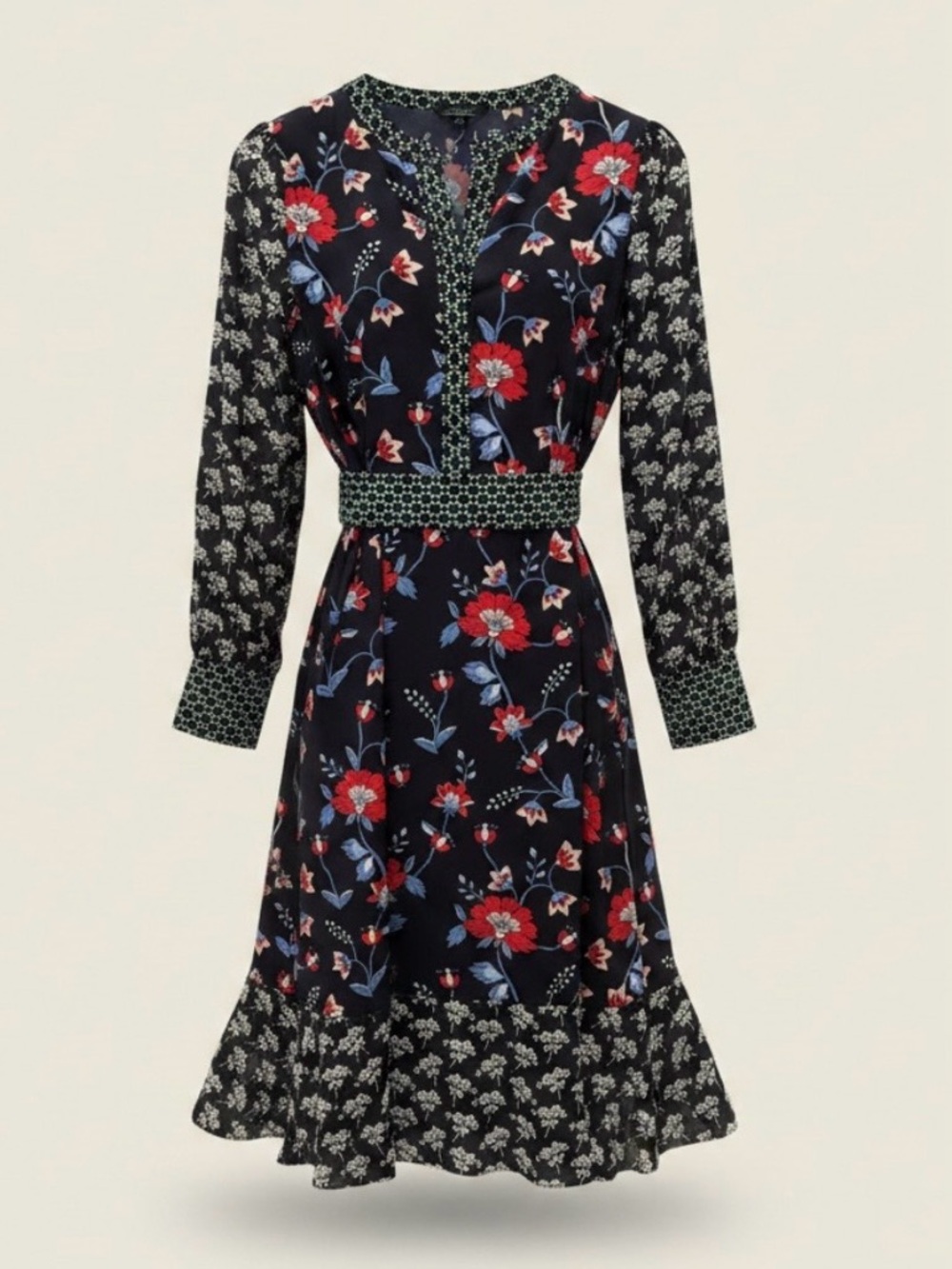 Talbots Floral Mixed-Print Dress | Belted Waist | Long Sleeve